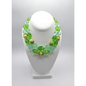 Vintage Green Glass Bead Necklace with Metal Accents